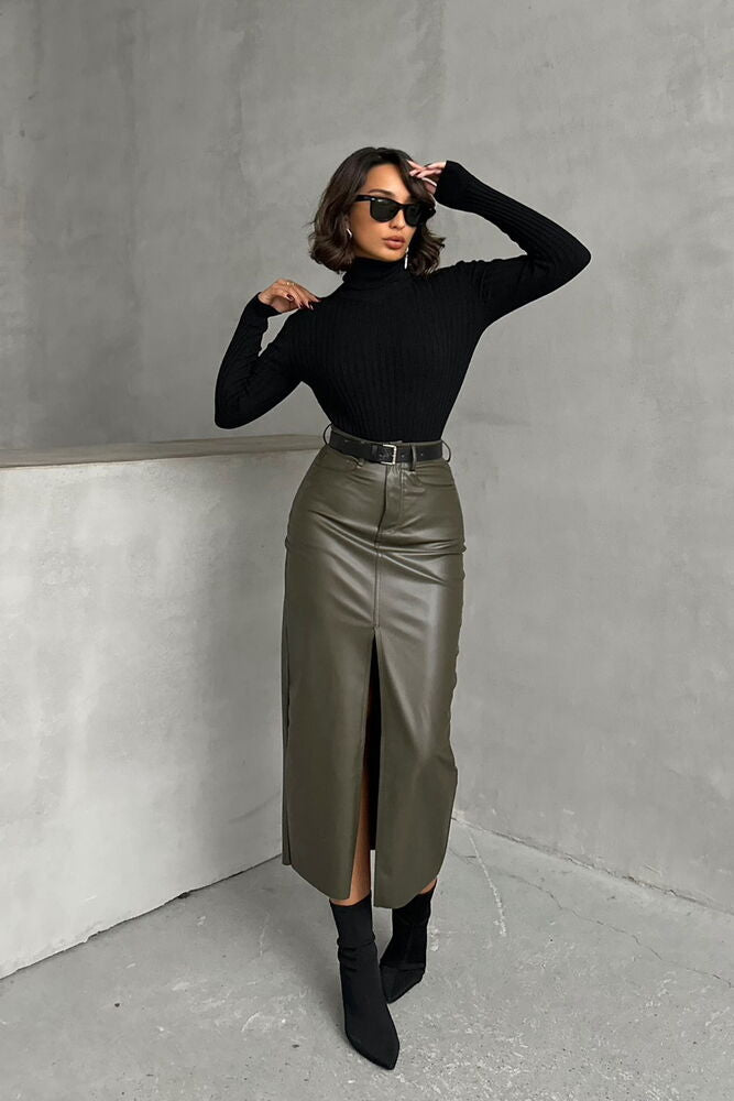 Khaki Leather Skirt