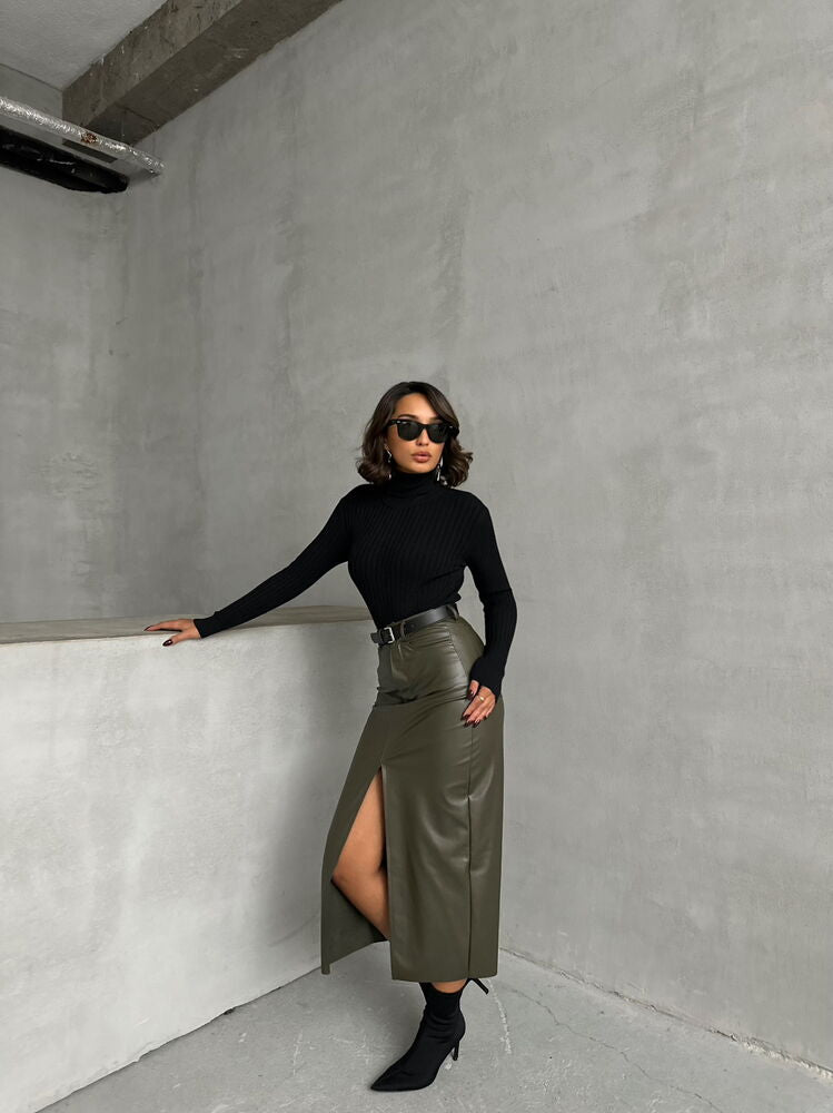 Khaki Leather Skirt