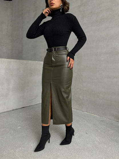 Khaki Leather Skirt