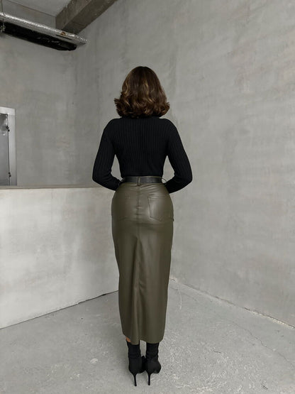 Khaki Leather Skirt